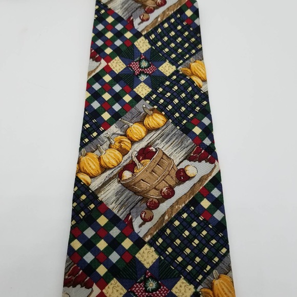 Mens Neck Tie Fall Autumn Harvest Pumpkins Apples Halloween Plaid Farm - Picture 5 of 8
